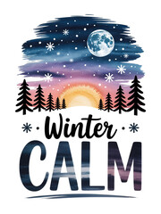 Serene winter night sky with full moon and falling snow over silhouetted pine trees