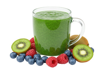 Isolated mug of green smoothie with fresh blueberries, kiwifruit, and raspberries fruits near it