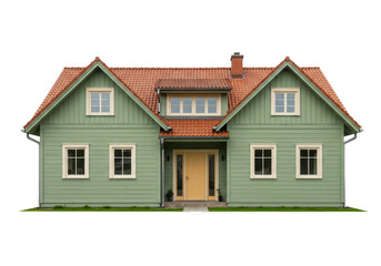 Isolated traditional suburban home with green wood siding and a brick chimney stack near roof