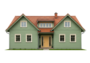 Isolated traditional suburban home with green wood siding and a brick chimney stack near roof