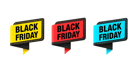 Three black friday sale tags in yellow, red, and blue
