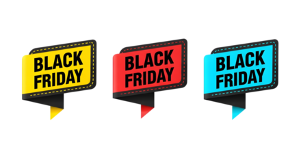 Three black friday sale tags in yellow, red, and blue