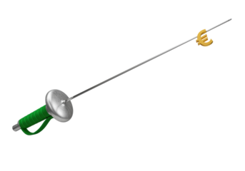 Isolated fencing foil with gold euro sign on tip for metaphoric business target symbol