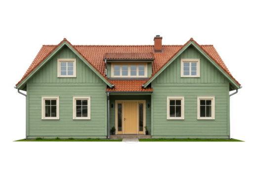Isolated traditional suburban home with green wood siding and a brick chimney stack near roof