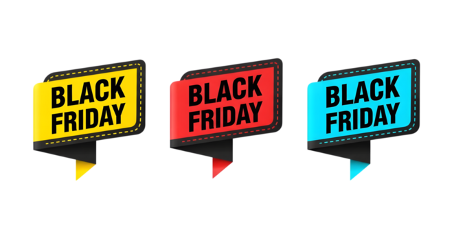 Three black friday sale tags in yellow, red, and blue