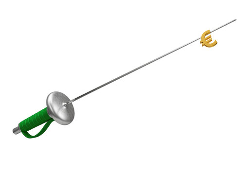Isolated fencing foil with gold euro sign on tip for metaphoric business target symbol