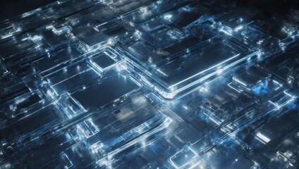 Futuristic Digital Circuit Board with Glowing Blue Lines and Components.