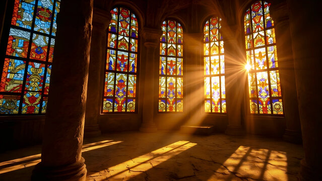 Sunlight Streaming Through Stained Glass Windows in Gothic Cathedral, Sacred Light & Architectural Beauty
 - Powered by Adobe