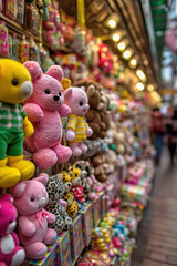 Rayon de magasin de jouets coloré rempli de peluches et jeux pour enfants, ambiance festive de Noël ou d’anniversaire