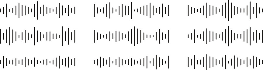 Minimal sound wave vector pattern design with equalizer bars and audio waveform symbols. Modern black line style for music technology, podcast, or recording background. Isolated digital sound