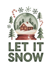 Cozy winter cabin scene in a snow globe with festive candy canes and snowflakes, perfect for holiday joy.