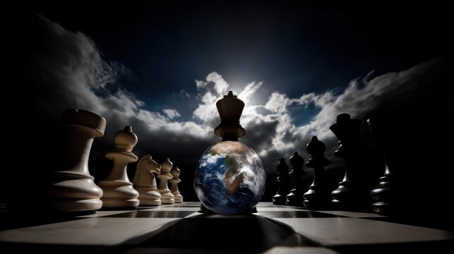 A chessboard with a king on a globe at the center. A symbol of global strategy and confrontation. Dramatic lighting and a cloudy background.