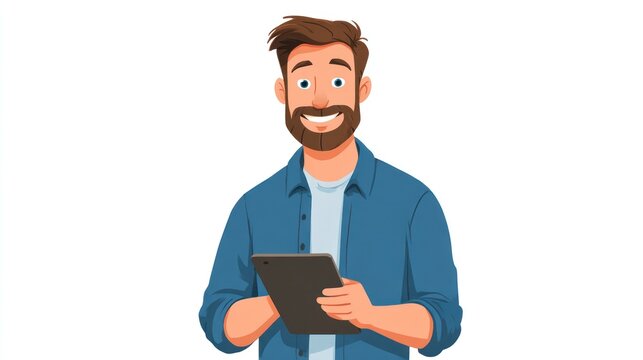 A smiling man with brown hair and a beard, holding a tablet and wearing a blue shirt - Powered by Adobe