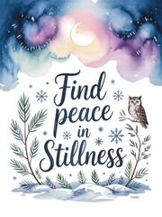 Find peace in stillness with this serene winter owl and crescent moon celestial scene