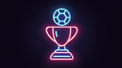 Neon trophy outline with soccer ball. Glowing red and blue on dark backdrop