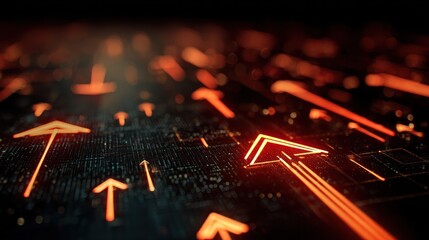 Futuristic circuit board with glowing orange arrows pointing upward