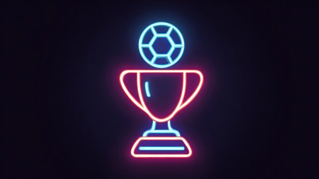 Neon trophy outline with soccer ball. Glowing red and blue on dark backdrop