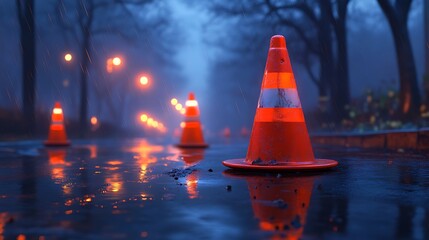 Reflective Road Work Cones Illuminate a Rainy Nighttime Streetscape