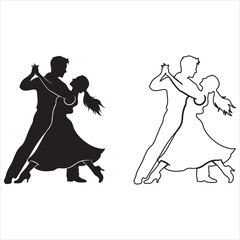 Elegant couple dancing silhouette and outline on white backdrop
