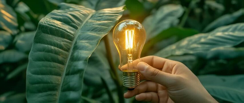 Renewable energy concept: Hand holding a light bulb among green leaves showcasing sustainability