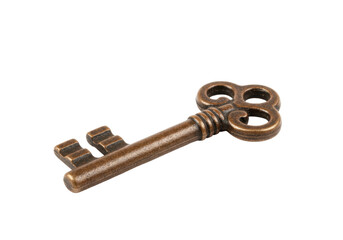 Isolated weathered skeleton key on a blank backdrop, antique house vintage concept