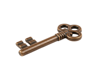 Isolated weathered skeleton key on a blank backdrop, antique house vintage concept