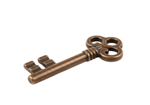 Isolated weathered skeleton key on a blank backdrop, antique house vintage concept