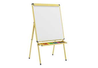 Isolated easel with markers, dry erase board for presentations, learning, and teaching