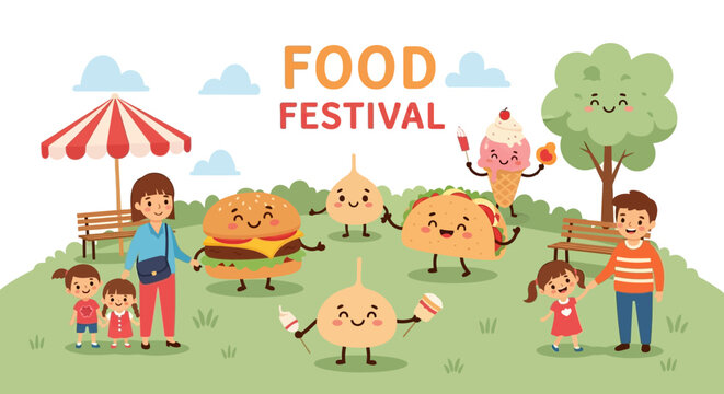 Food festival with cartoon characters, families, and food items on a grassy field.