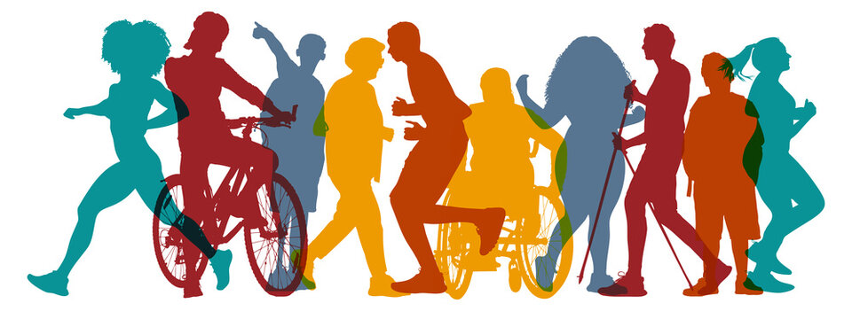 Bunte Silhouetten vieler Generationen in Bewegung