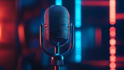 Retro Microphone Glowing in Neon Light: Captivating Vocal Performance Atmosphere