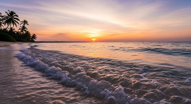 Warm ocean waves meet a tropical shore at the break of dawn glow