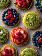 Overhead Pattern of Fresh Kiwi and Mixed Berry Tarts