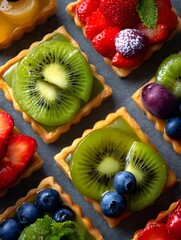 Overhead View of Square Kiwi and Berry Fruit Tarts