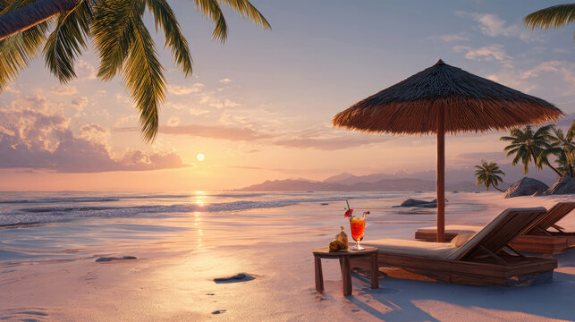 Serene tropical beach at sunset with palm trees and inviting loungers waiting for relaxation - Powered by Adobe
