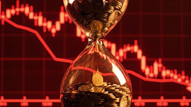 Hourglass with gold coin and coins flowing inside symbolizes financial decline and urgency, set against red stock market graph showing downward trend in economy and investment finance market