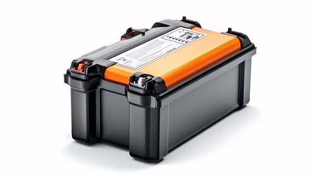 Electrical car battery. Pelican Pelican 1560 case with orange and black protective cover and latches.