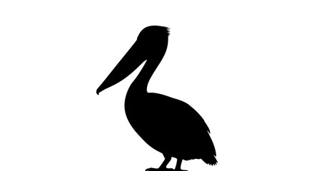 Black silhouette of a standing pelican bird on a white background.
