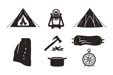 Vintage camping and outdoor adventure icons set