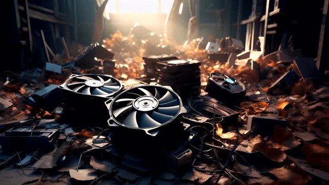 Bitcoin crypto mining rig. Apex Legends computer hardware destruction scene.