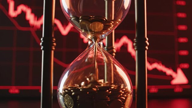 Hourglass with coins flowing symbolizes financial time and investment loss amid red stock market graph showing economic decline and money market downturn affecting finance and economy trends
