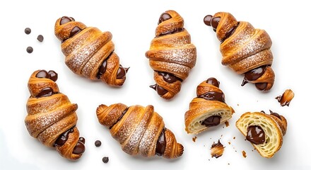 Fototapeta premium Deliciously flaky golden brown chocolate croissants dusted with powdered sugar arranged artfully on a clean white background