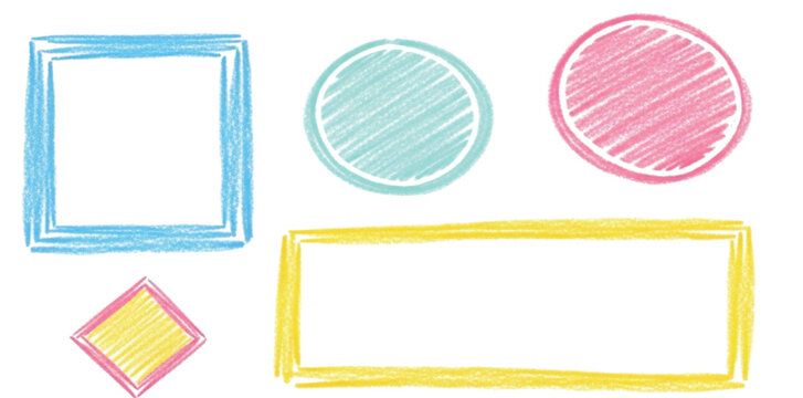 Pastel chalk frame set — doodle crayon square, circle, and abstract shape borders—rough-textured colour pencil outline design, cute and playful vector illustration for creative projects.