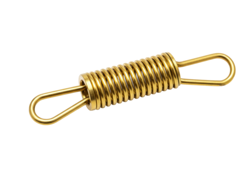 Isolated shiny golden metal tension spring with looped ends, coil spring mechanical device
