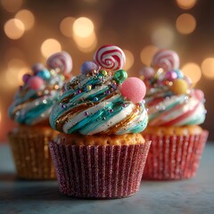 Trio of Festive Holiday Cupcakes with Swirl Icing Candy and Bokeh Background
