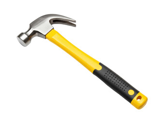 Isolated claw hammer with a yellow and black handle for carpentry, tools, and construction