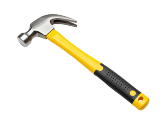 Isolated claw hammer with a yellow and black handle for carpentry, tools, and construction