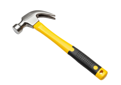 Isolated claw hammer with a yellow and black handle for carpentry, tools, and construction