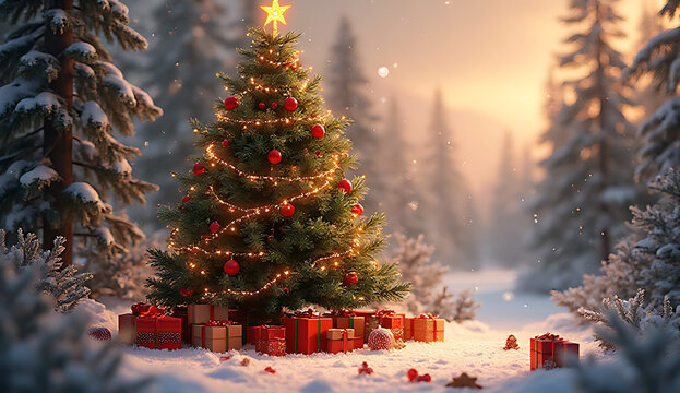 Decorated christmas tree with gifts in a snowy forest during the holiday season 4k and hd image
