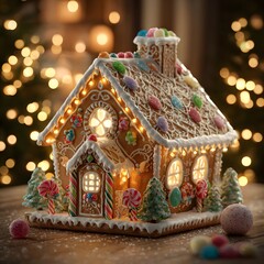 Warm Glowing Gingerbread House with Candy Decorations and Christmas Tree Lights